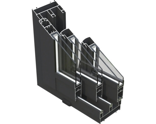 Querschnitt eines schwarzen Aluminiumfensters mit Dreifachverglasung