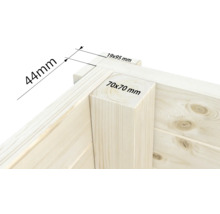 Detailaufnahme eines Holzhauses mit den Maßen 44 mm, 19 mm mal 95 mm und 70 mm mal 70 mm.