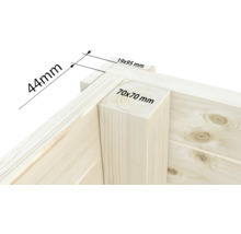 Detailansicht einer Holzkonstruktion mit den Maßen 44 mm, 19 x 95 mm und 70 x 70 mm.
