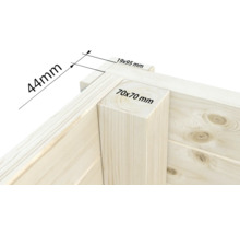Detailansicht eines Holzhauses mit den Maßen 44 mm, 19 mal 95 mm und 70 mal 70 mm
