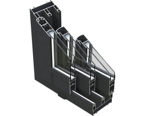 Querschnitt eines Aluminiumfensters mit Dreifachverglasung