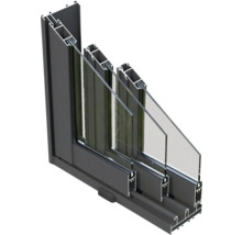 Querschnitt eines Schiebefensters mit Aluminiumrahmen und Dreifachverglasung