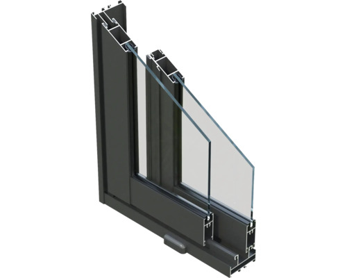 Schnittansicht eines schwarzen Aluminiumfensters mit Doppelverglasung