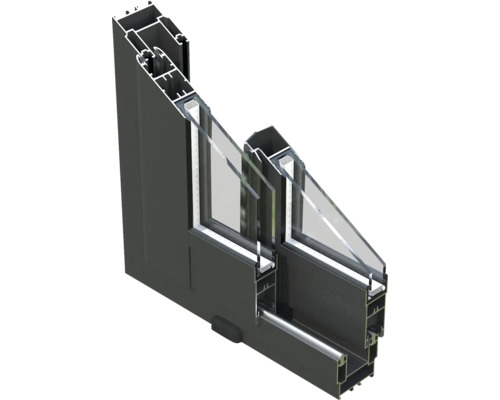 Querschnitt eines Fensters mit Mehrfachverglasung und Aluminiumrahmen