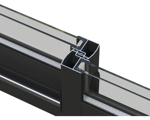 Querschnitt einer Fensterkonstruktion mit Aluminiumrahmen und Glas