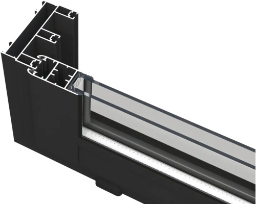 Schnittansicht eines schwarzen Aluminiumfensterprofils mit Glas