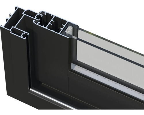 Detailansicht eines schwarzen Fensterrahmens mit Glas