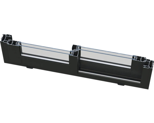 Schnittansicht eines schwarzen Aluminiumfensterrahmens mit Doppelverglasung