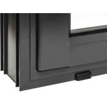 Detailansicht eines grauen Schiebefensters aus Kunststoff