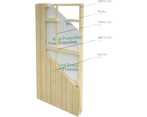 Querschnitt einer Holzfassade mit Windschutzfolie und verschiedenen Holzdimensionen