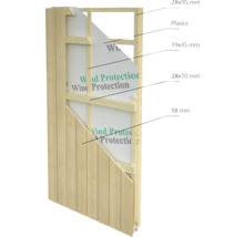 Querschnitt einer Wand mit Holzverkleidung, Kunststofffolie und Windschutz