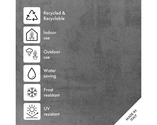 Symbole für recycelbar, Innenbereich, Außenbereich, Wassersparen, Frostbeständigkeit, UV-Beständigkeit und Hergestellt in Italien