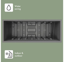 Innenansicht eines Pflanzkastens mit Wasserspeichersystem und Symbolen für Wassersparen sowie Eignung für Innen- und Außenbereiche.