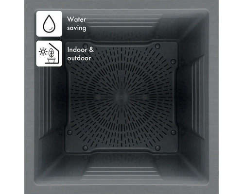 Innenansicht eines Pflanzgefäßes mit Wasserspeicherfunktion und Eignung für Innen- und Außenbereiche.