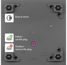 Detailansicht einer Pflanzenroller-Unterseite mit Rollen an den Ecken, Hinweisen zur Nutzung im Innen- und Außenbereich und einem Hinweis zur einfachen Bewegung