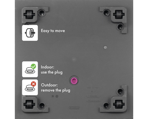 Detailansicht einer Pflanzenroller-Unterseite mit Rollen an den Ecken, Hinweisen zur Nutzung im Innen- und Außenbereich und einem Hinweis zur einfachen Bewegung