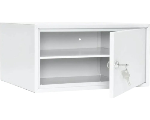 Weißer Schlüsselschrank mit zwei Ablagen und einem Schlüssel