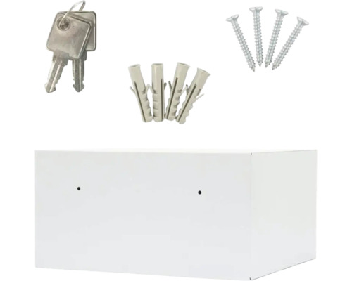 Weißer Möbeltresor mit Schlüssel, Dübeln und Schrauben