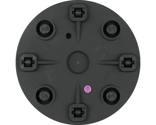 Unterseite eines runden Pflanzenroller aus Kunststoff mit Rollen