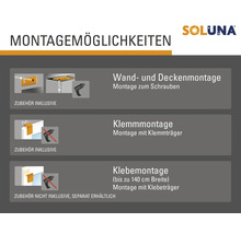 Montageoptionen für Soluna Produkte: Wand- und Deckenmontage zum Schrauben, Klemmmontage mit Klemmträger und Klebemontage mit Klebeträger für Breiten bis 140 cm.