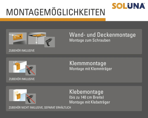 Montageoptionen für Soluna Produkte: Wand- und Deckenmontage zum Schrauben, Klemmmontage mit Klemmträger und Klebemontage mit Klebeträger für Breiten bis 140 cm.
