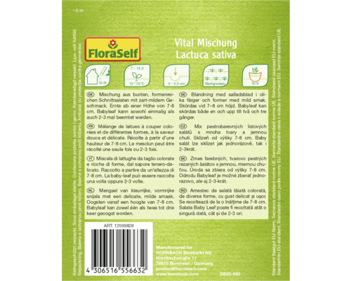 Verpackung von FloraSelf Vital Mischung Salat Lactuca sativa mit Informationen zu Aussaat und Ernte