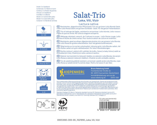 Salat Trio Saatband Packung mit Informationen zu Pflanzzeit und Eigenschaften