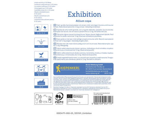 Informationen zur Gemüsezwiebel Exhibition Allium cepa, inklusive Anweisungen und dem Kiepenkerl Logo