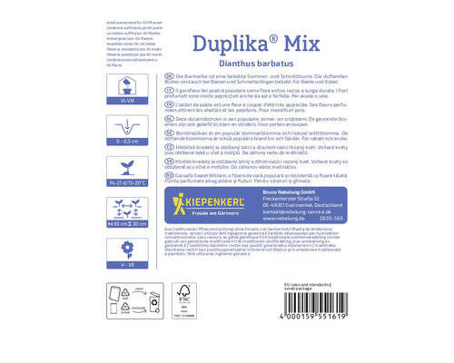 Duplika Mix Dianthus barbatus Produktverpackung mit Informationen zu Anbau und Eigenschaften