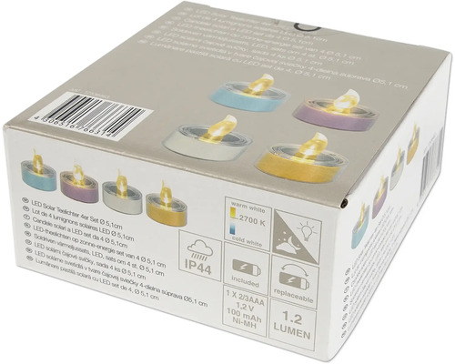 Verpackung von LED Solar Teelichtern im 4er Set, Durchmesser 5,1 cm