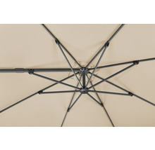 Detailansicht von der Unterseite eines Sonnenschirms mit Metallgestell und Stoffbespannung