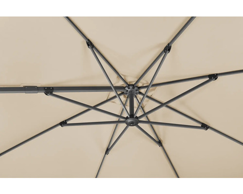 Detailansicht von der Unterseite eines Sonnenschirms mit Metallgestell und Stoffbespannung