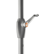 Detailansicht eines Sonnenschirms mit Kurbelmechanismus und Schneider Schirme Logo