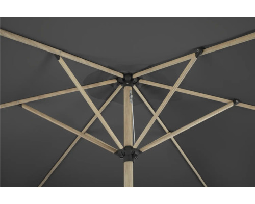 Innenansicht eines Sonnenschirms mit Holzgestell und grauem Schirmdach