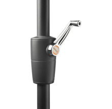 Details eines Sonnenschirmständers mit Kurbel und Schneider Logo