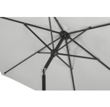 Unteransicht eines Sonnenschirms mit Metallgestell und Stoffbespannung