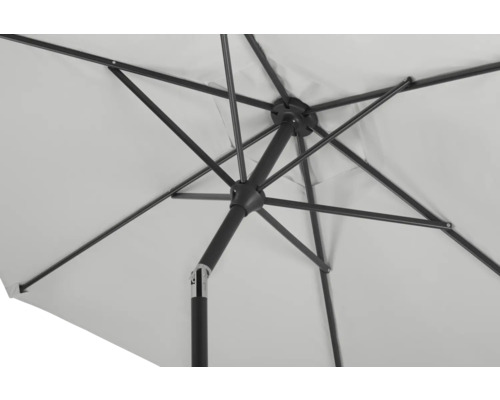 Unteransicht eines Sonnenschirms mit Metallgestell und Stoffbespannung