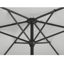 Detailaufnahme der Unterseite eines Sonnenschirms mit Metallgestell und Stoffbespannung