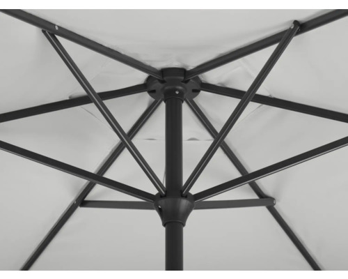 Detailaufnahme der Unterseite eines Sonnenschirms mit Metallgestell und Stoffbespannung