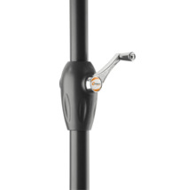 Detailansicht eines Sonnenschirmständers mit Kurbel und Schneider Schirme Logo