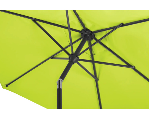 Detailansicht eines geöffneten, hellgrünen Sonnenschirms mit schwarzem Gestell