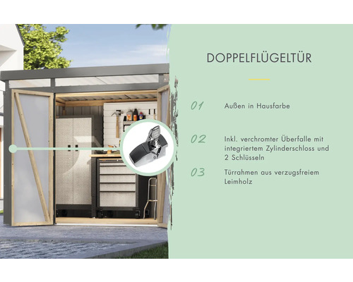Doppelflügeltür eines Gartenhauses mit Informationen zu Details wie Farbe, Beschlag, Schloss und Rahmen