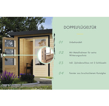 Doppelflügeltür für Gartenhaus, unbehandelt, mit Metallrahmen, Zylinderschloss und Kunstglasfenstern