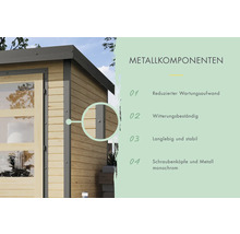 Informationen zu Metallkomponenten, geringer Wartungsaufwand, wetterfest, langlebig und stabil, Schraubenköpfe und Metall monochrom