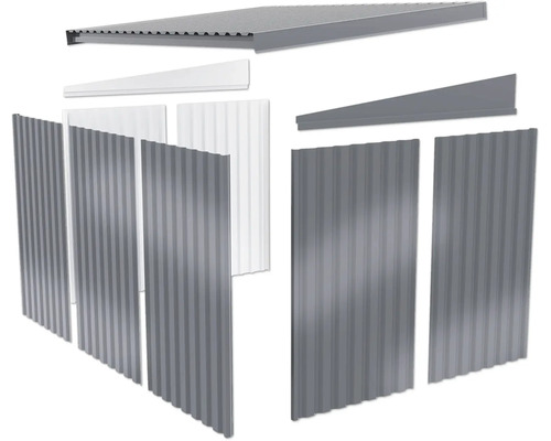 Einzelne Elemente eines Gerätehauses.