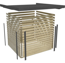 Abbildung eines Gartenhauses im Aufbau mit Holzwänden und Dach