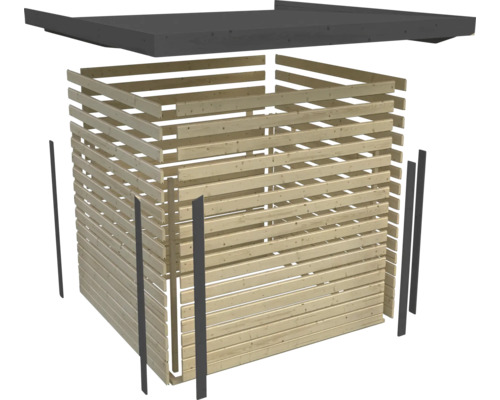 Abbildung eines Gartenhauses im Aufbau mit Holzwänden und Dach