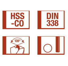 HSS-CO Bohrer Symbol, DIN 338 Norm, 135 Grad Bohrspitze, Bohrdurchmesser Symbol