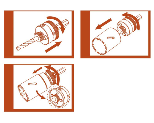 Illustration einer Lochsäge mit Bohrer und Befestigung