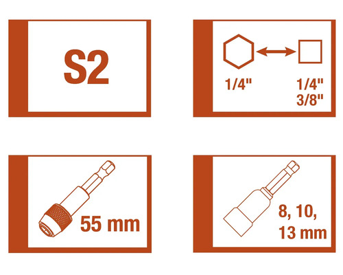 Informationen zum S2-Stahl, der ¼-Zoll-Sechskantaufnahme, der ¼-Zoll- und 3/8-Zoll-Vierkantaufnahme sowie zum 55 Millimeter langen Bithalter und den Steckschlüsseleinsätzen mit 8, 10 und 13 Millimetern